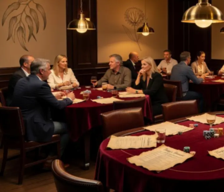Warm restaurant card room with guests gathered around poker tables