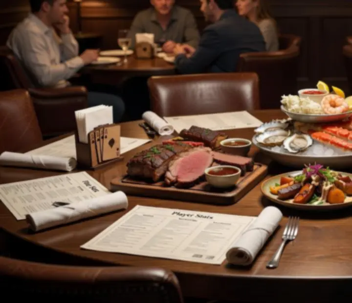 Hearty entrees and shared plates surrounding a physical poker table in a restaurant setting
