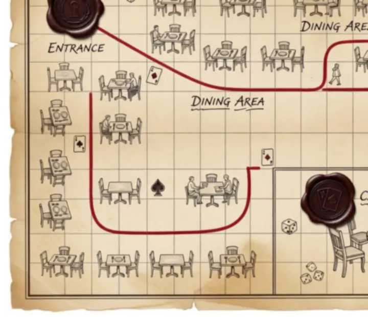 Illustrated map showing the path from The Parlour Pantry entrance to the card lounge tables