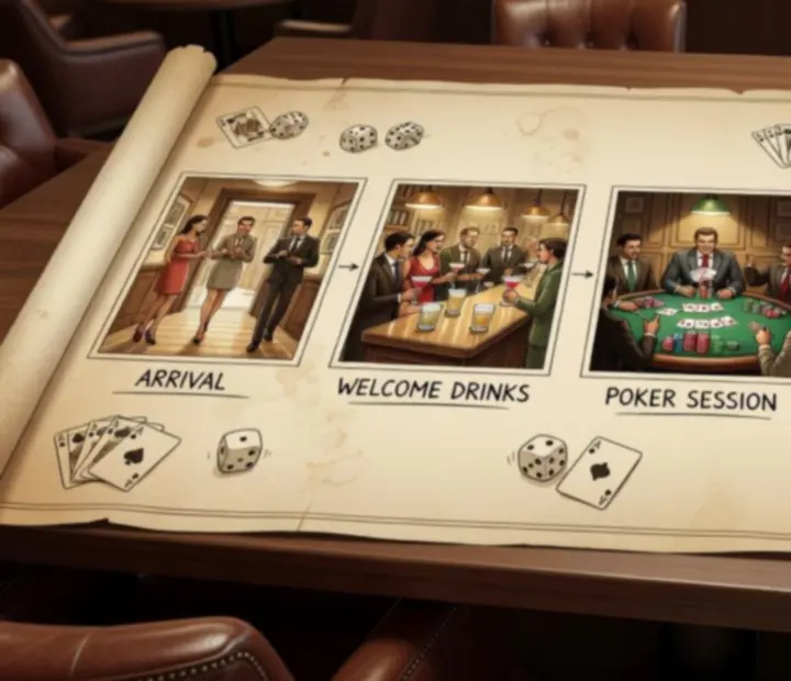 A parchment-inspired map illustrating a group’s journey through a restaurant card lounge