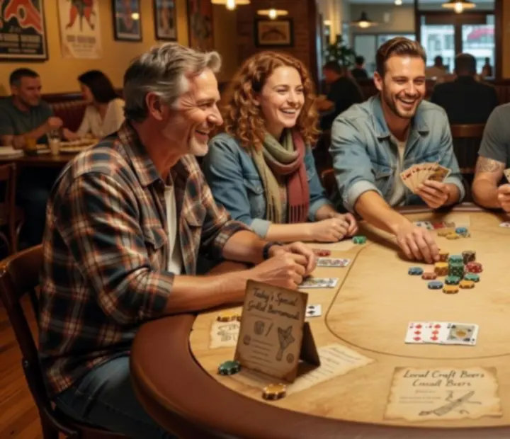 A warmly lit restaurant card room set for an offline poker evening with a group table