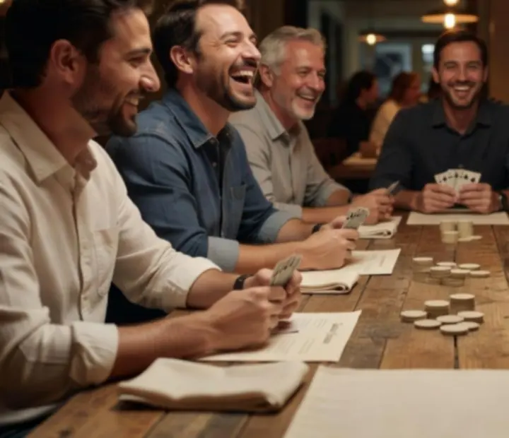 A collage of groups enjoying offline poker sessions at a restaurant card lounge