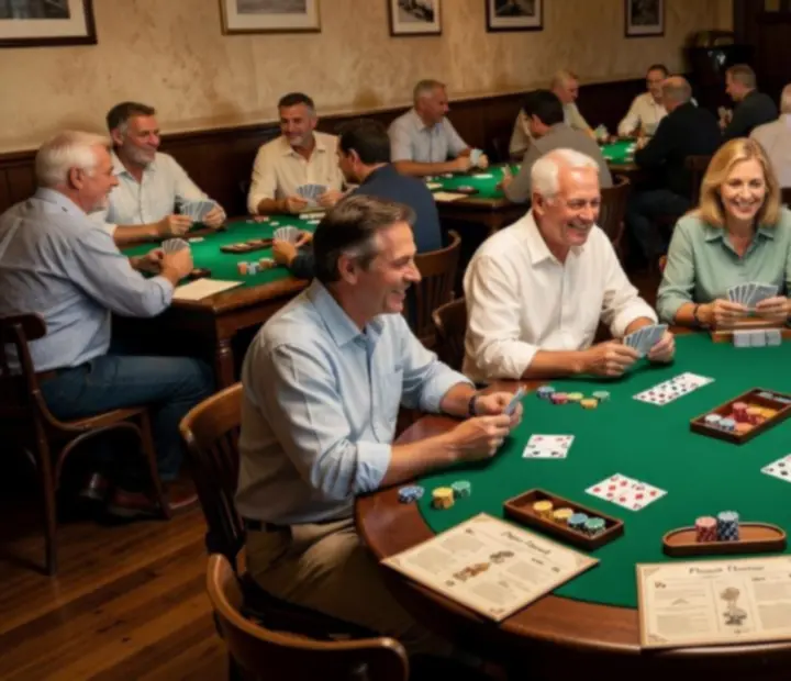 Warmly lit restaurant card room with offline poker tables prepared for an evening