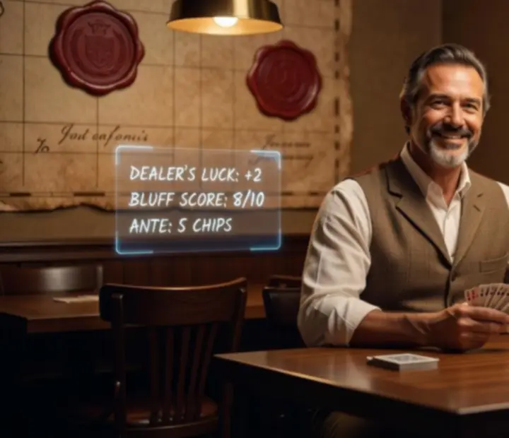 Host standing beside a poker table in a warmly lit restaurant card lounge