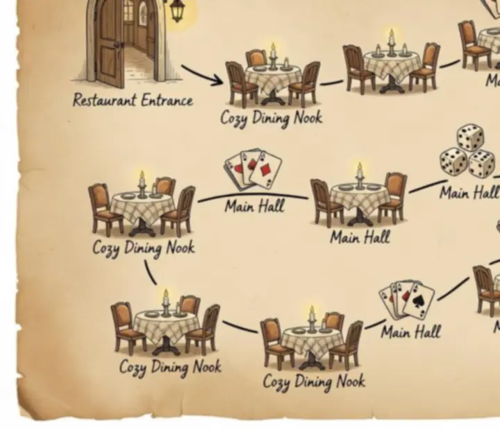 Illustrated-style floor map from restaurant entrance to the card lounge