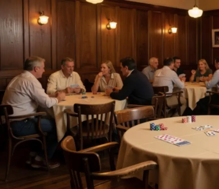 Warmly lit restaurant card room with guests seated at felt-topped poker tables