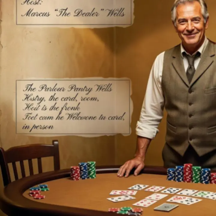 Poker host smiling beside a felt-topped table in The Parlour Pantry card lounge