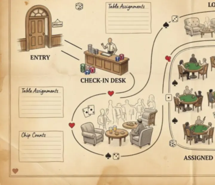 Hand-illustrated map showing the path through The Parlour Pantry restaurant to the card room