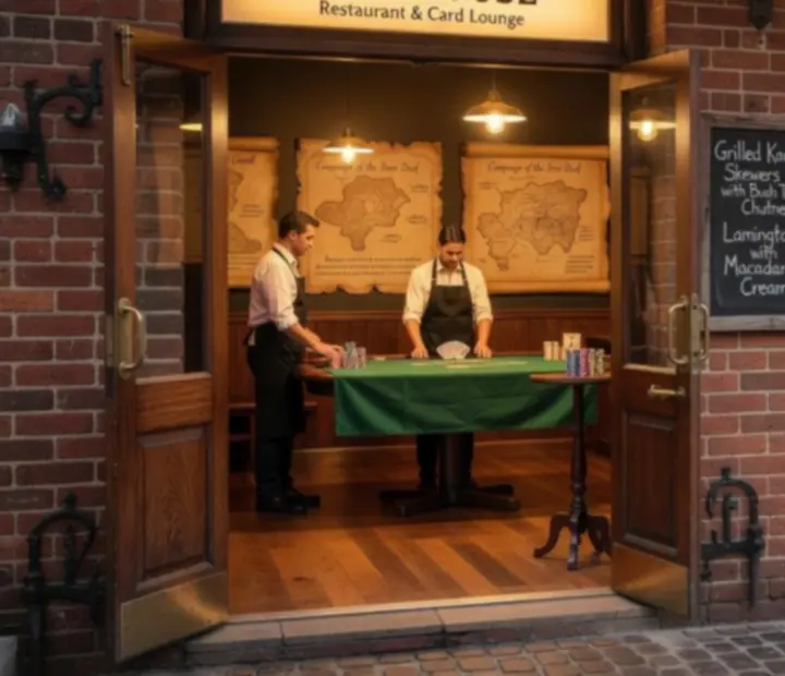 Warmly lit restaurant entrance leading into an intimate card lounge with poker tables prepared for guests.