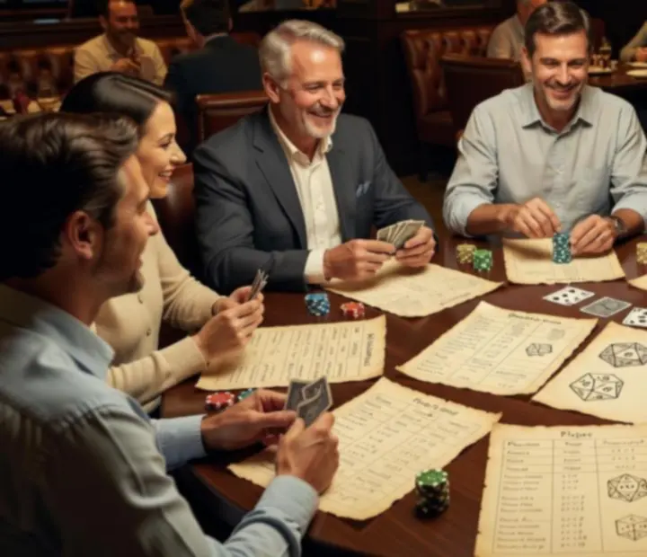 Guests seated around a poker table inside The Parlour Pantry, with cards, chips and parchment-style panels