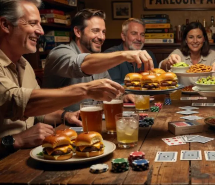 A poker table at The Parlour Pantry with guests sharing platters and drinks between card hands.