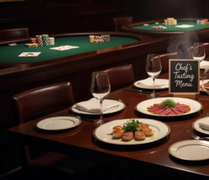 Chef's tasting plates set beside an offline poker table in a warm restaurant card lounge