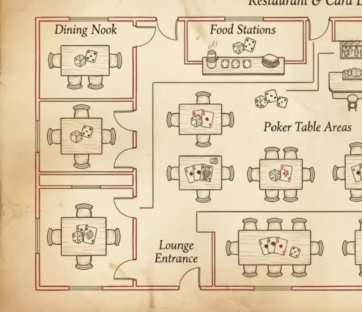 Hand-illustrated style map of The Parlour Pantry restaurant showing the route from entrance to the dedicated card lounge and poker tables.