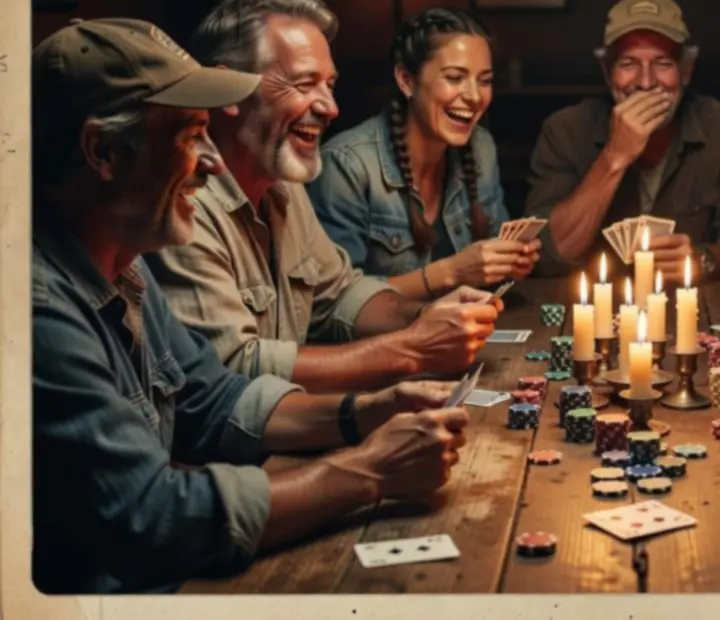 Guests gathered around a poker table, sharing a relaxed offline card session