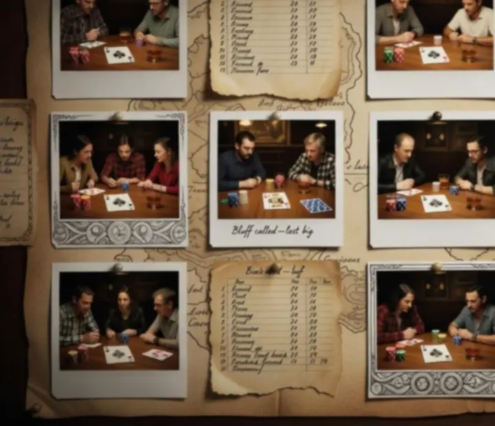 Parchment story sheets and photo-led records from an offline poker session