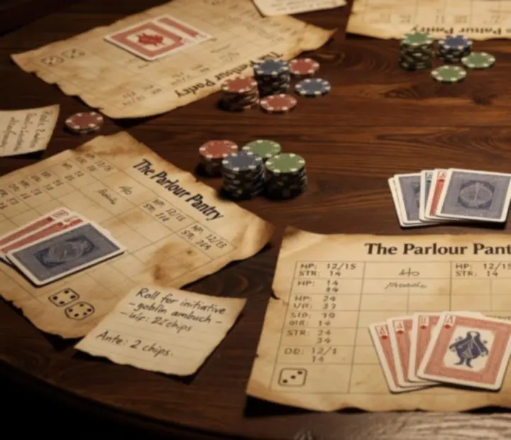 Parchment-style poker table setup with stat-sheet placemats, non-financial chips and classic card decks ready for guests.