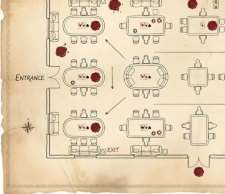 Illustrated map view of The Parlour Pantry poker tables and lounge layout